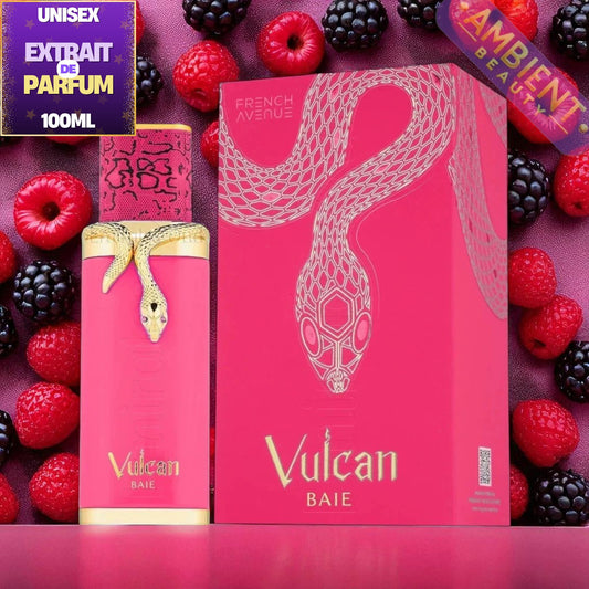 French Avenue Vulcan Baie perfume bottle and packaging with berries on a pink background