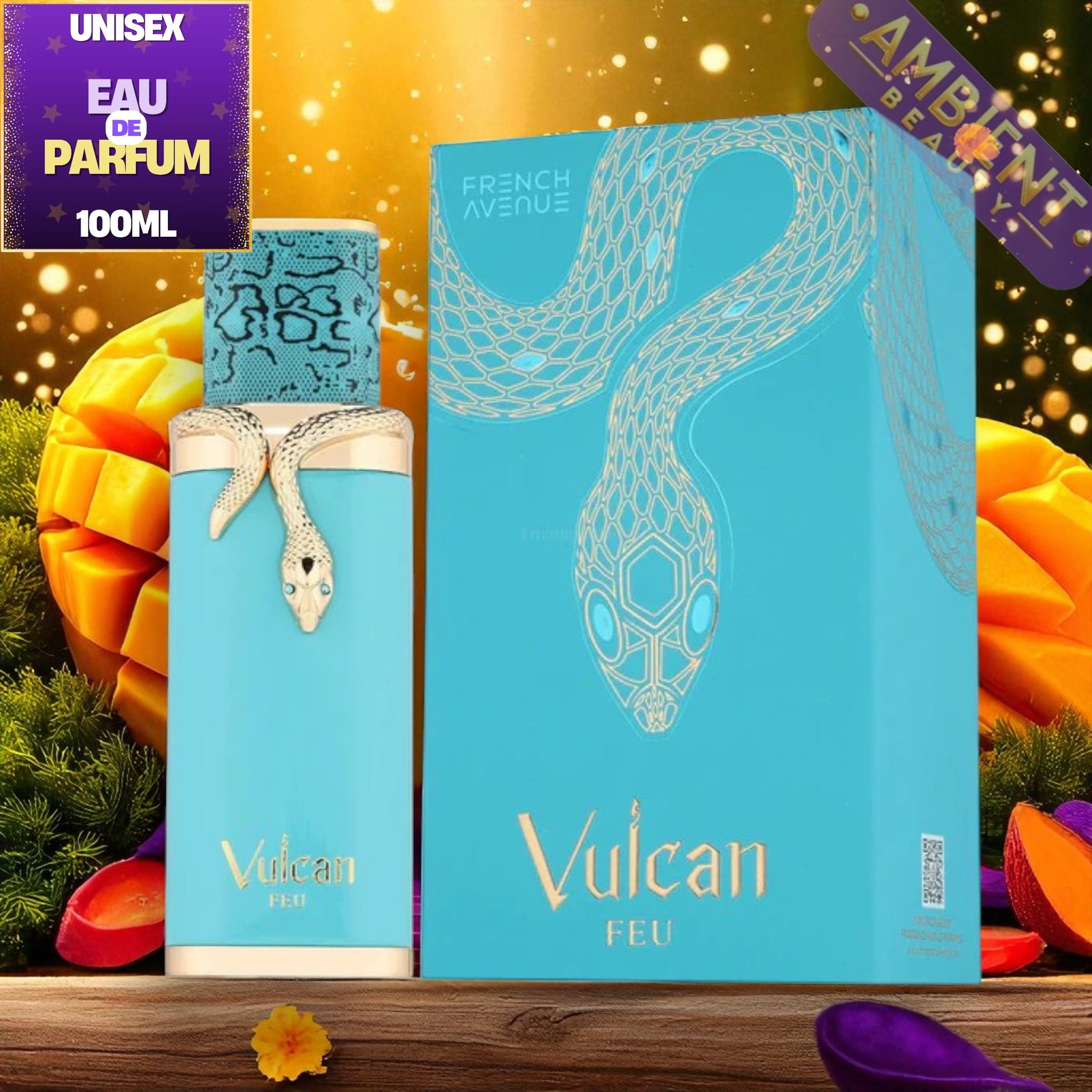 Vulcan Feu perfume bottle and packaging with snake design on a decorative background