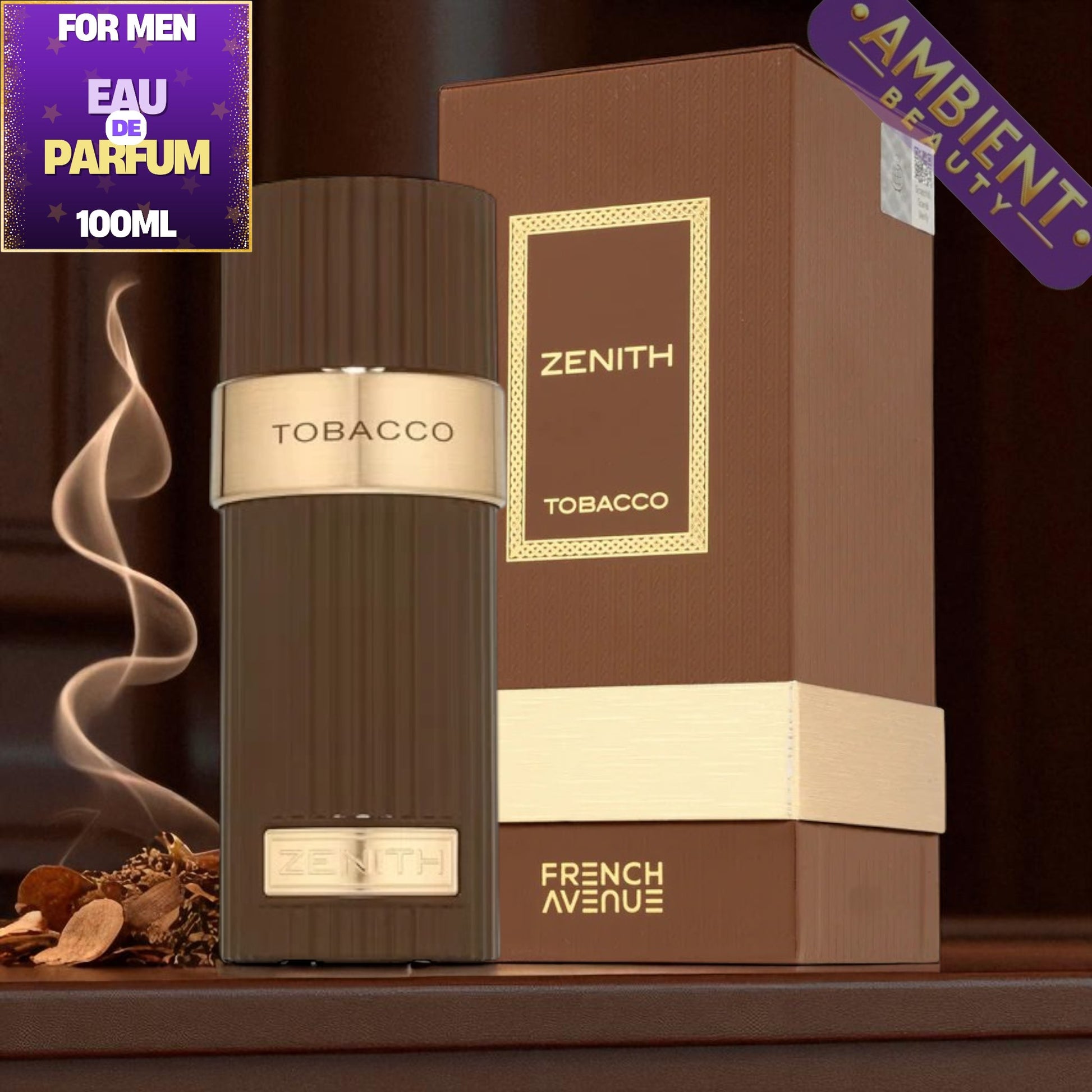 Tobacco perfume bottle and packaging with 'Zenith Tobacco' branding on a dark background.