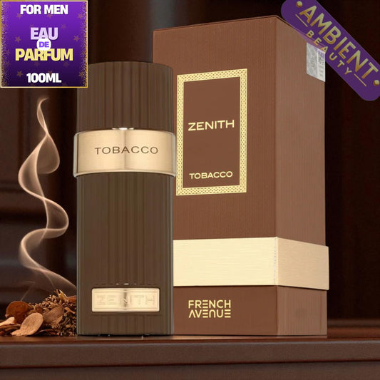 Tobacco perfume bottle and packaging with 'Zenith Tobacco' branding on a dark background.