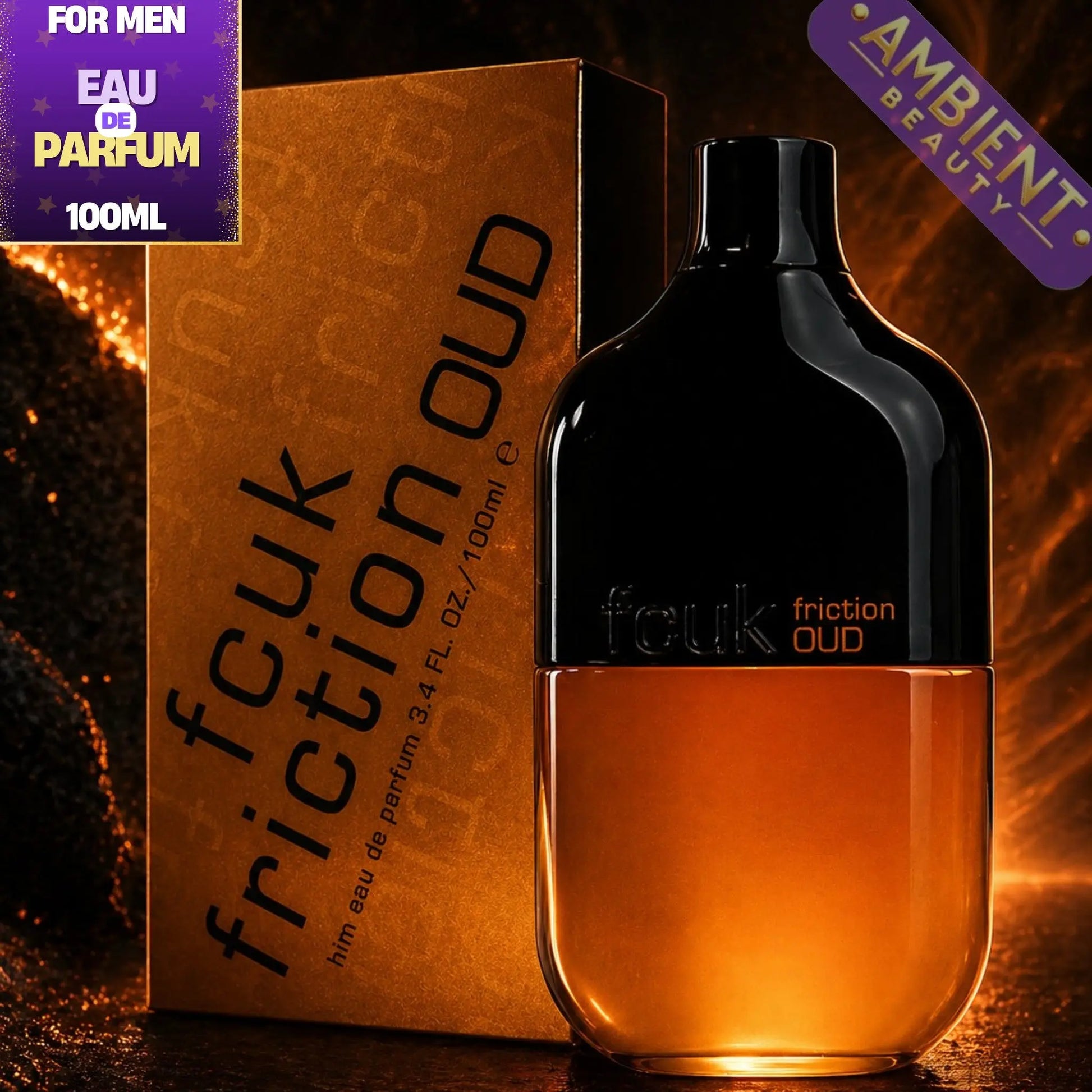 French Connection FCUK Friction Oud For Him Perfume Bottle with flames in the background