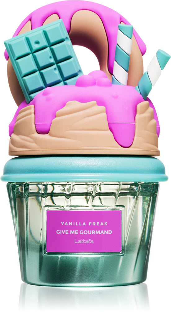 Lattafa Vanilla Freak Scented candle with donut and chocolate bar design, featuring the brand 'Vanilla Freak'.