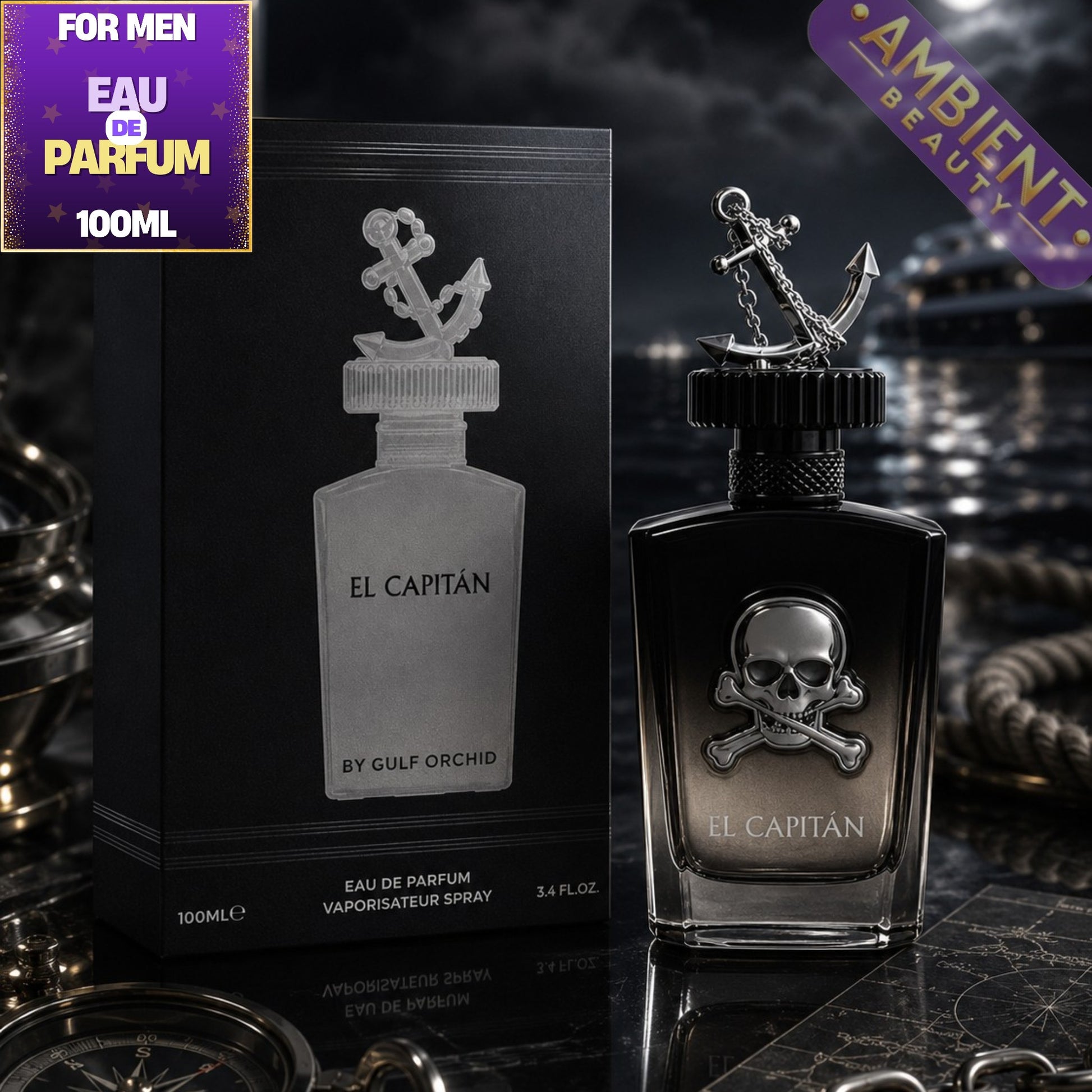 Gulf Orchid El Capitan Perfume bottle with skull and crossbones design and anchor on a white background