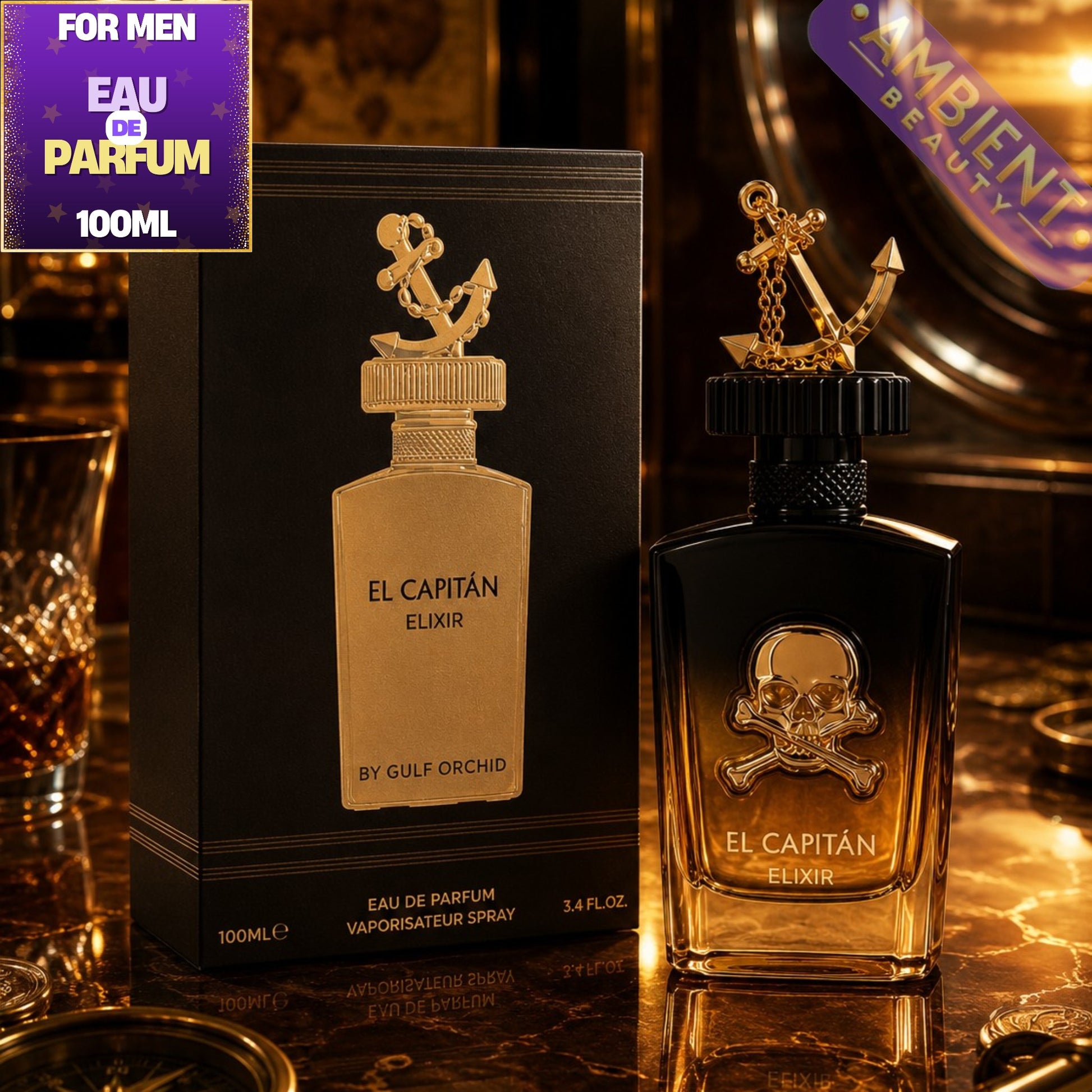 El Capitan Elixir perfume bottle and packaging on a reflective surface with 'Ambiente Beauty' branding.