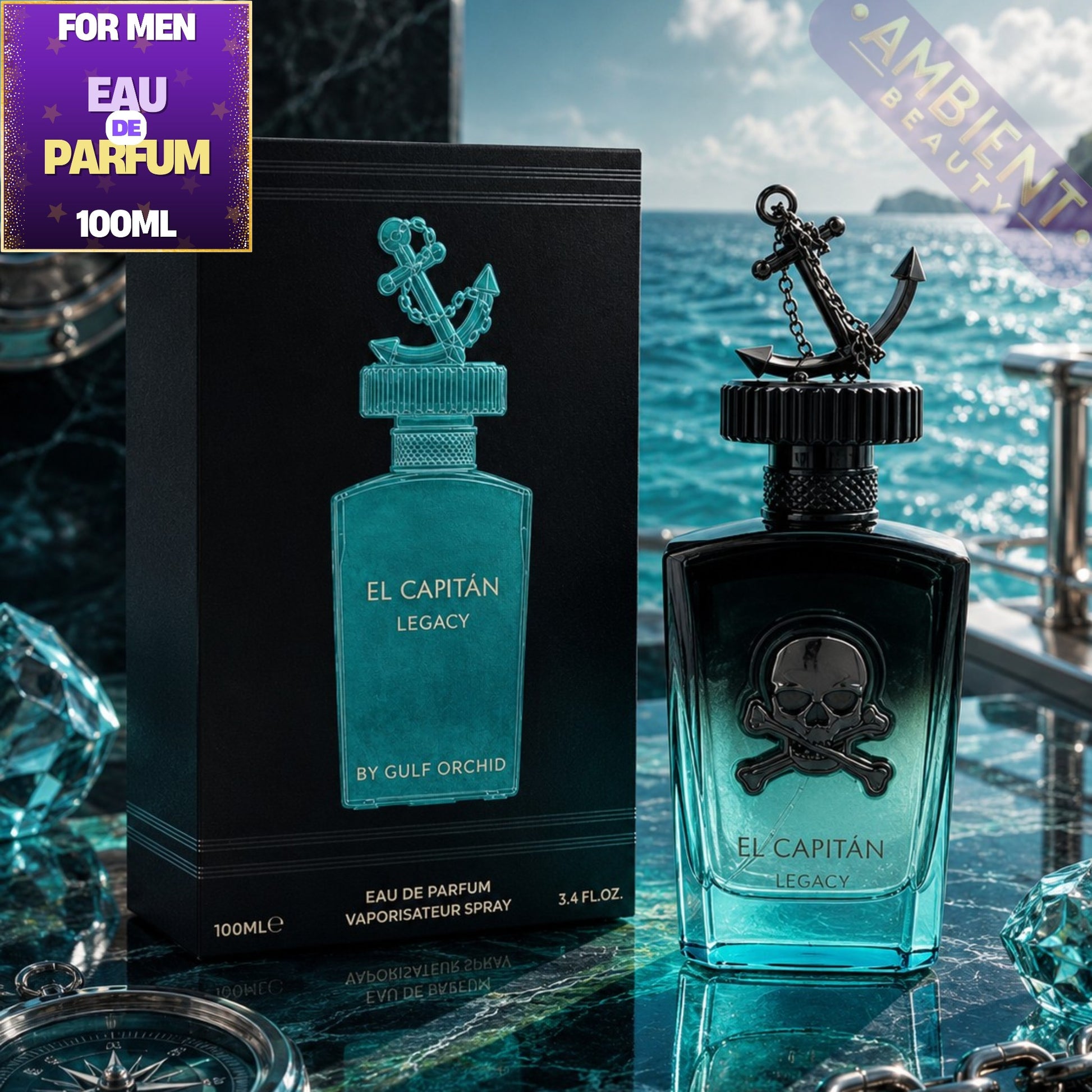El Capitan Legacy perfume bottle with packaging against a scenic background