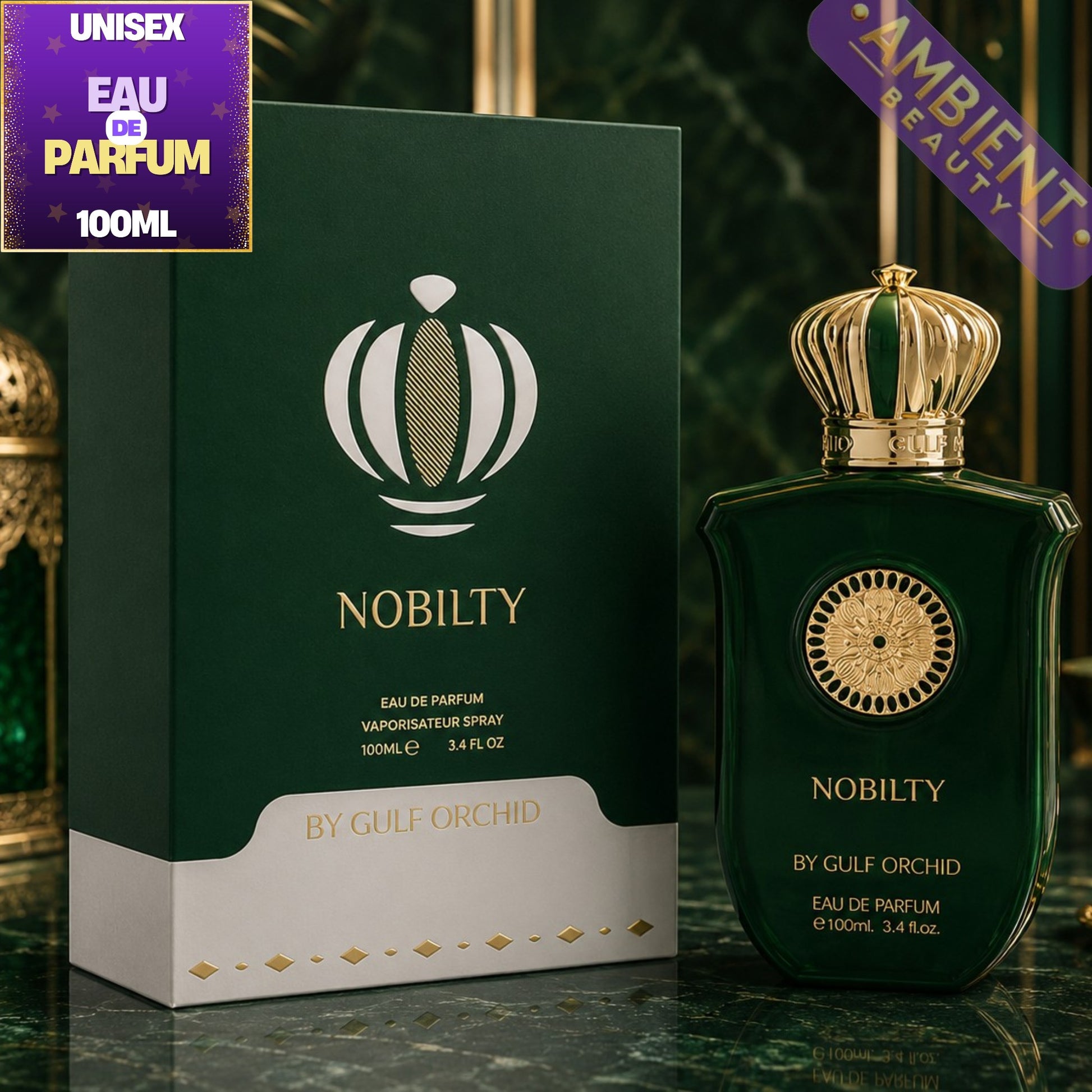 Nobilty by Gulf Orchid perfume bottle and packaging on a dark surface
