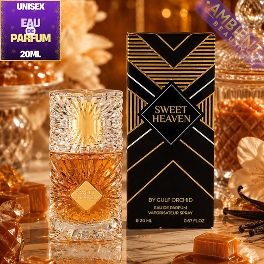 Sweet Heaven perfume bottle and packaging on a decorative background