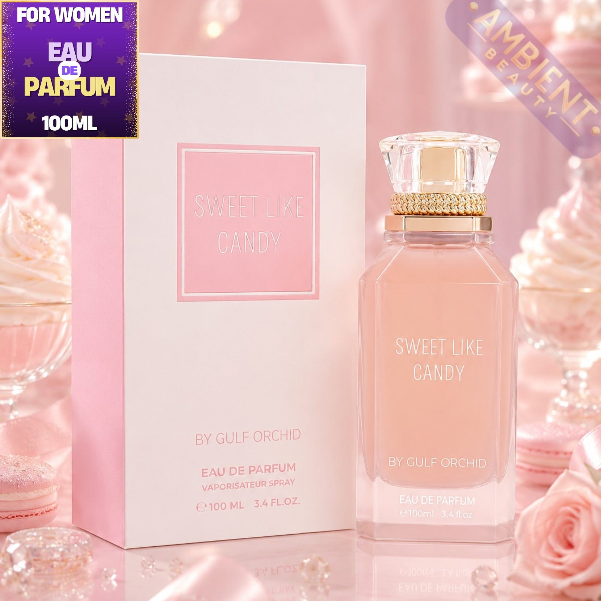 Gulf Orchid Sweet Like Candy perfume bottle and packaging on a pink background with roses.