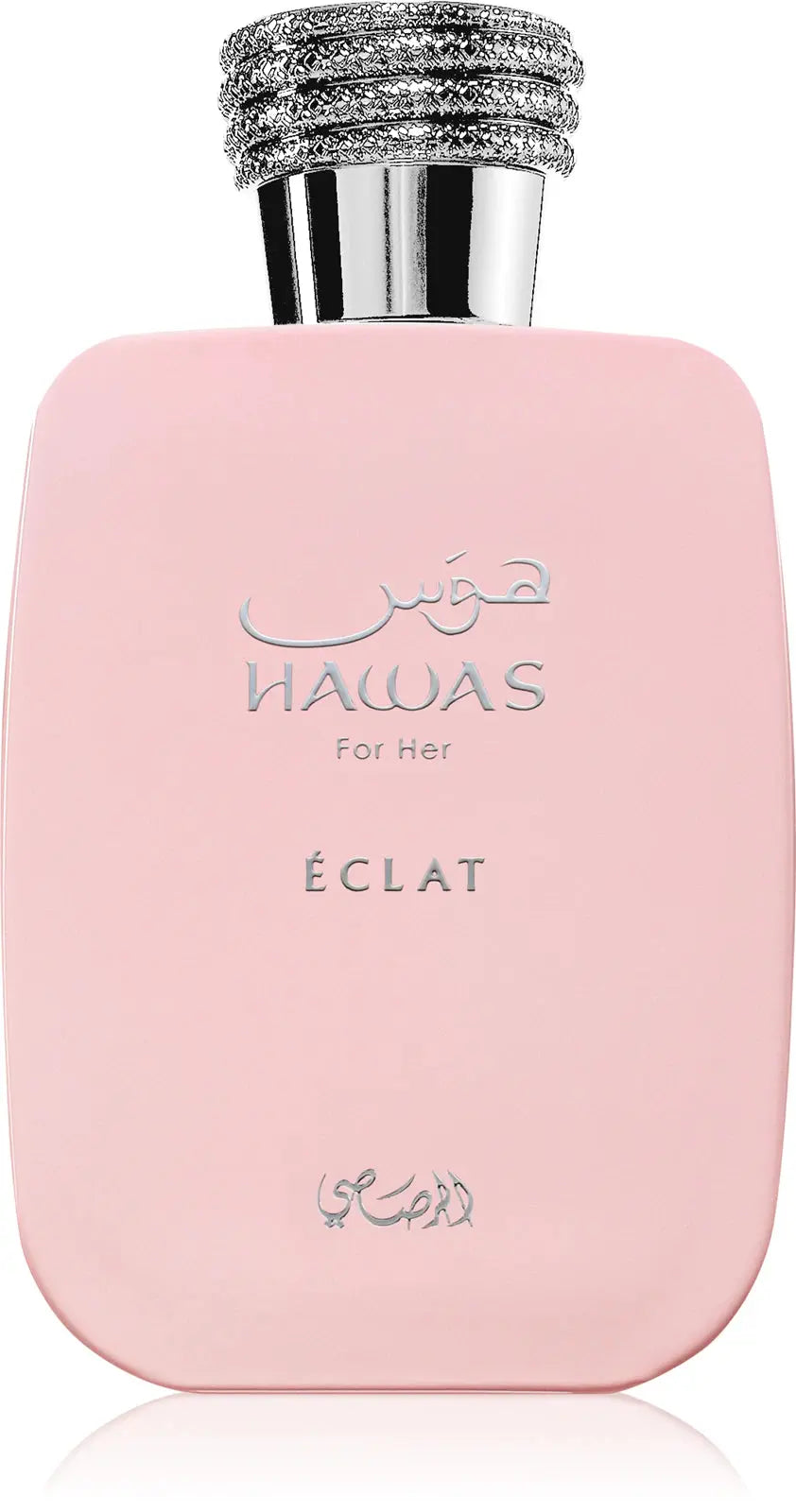 Pink perfume bottle with silver cap labeled 'Hawas for Her Eclat' on a white background