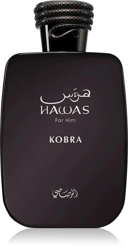 Black perfume bottle labeled 'Hawas Kobra' on a white background