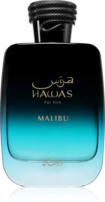 Perfume bottle labeled 'Hawas for Him Malibu' with a gradient design.