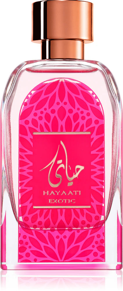 Perfume bottle with pink design and 'Hayaati' branding on a white background