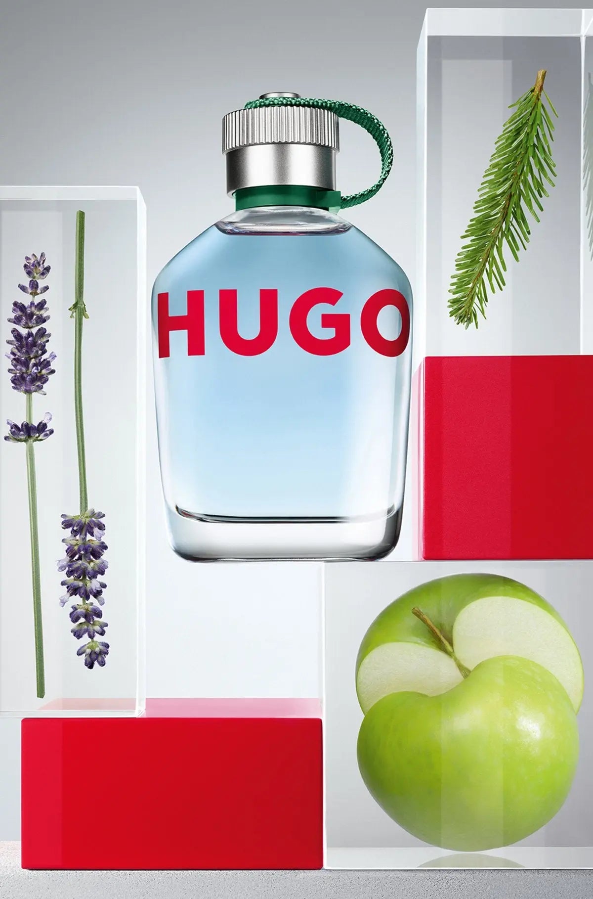 Hugo perfume bottle with lavender, apple, and pine branch on a gray background