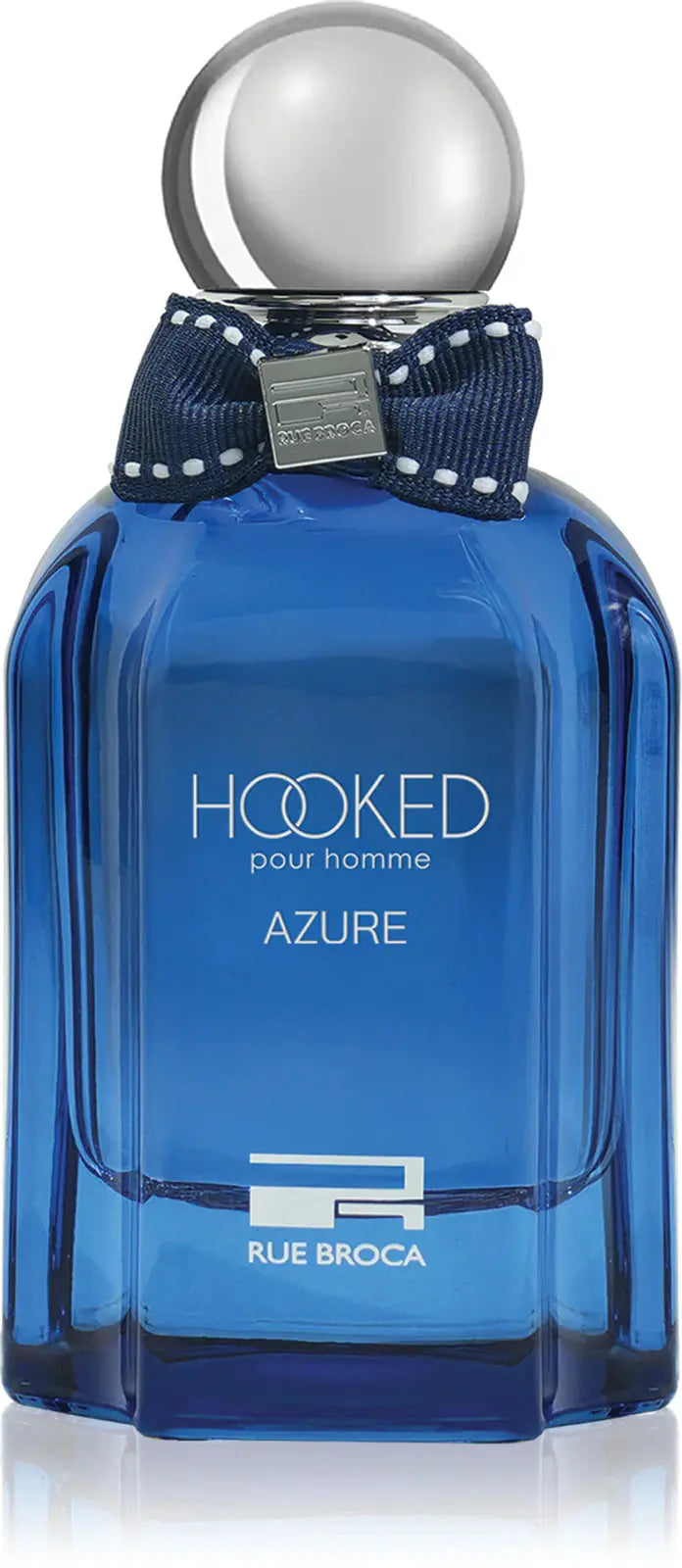 Blue perfume bottle labeled 'Hooked pour homme Azure' by Rue Broca on a white background
