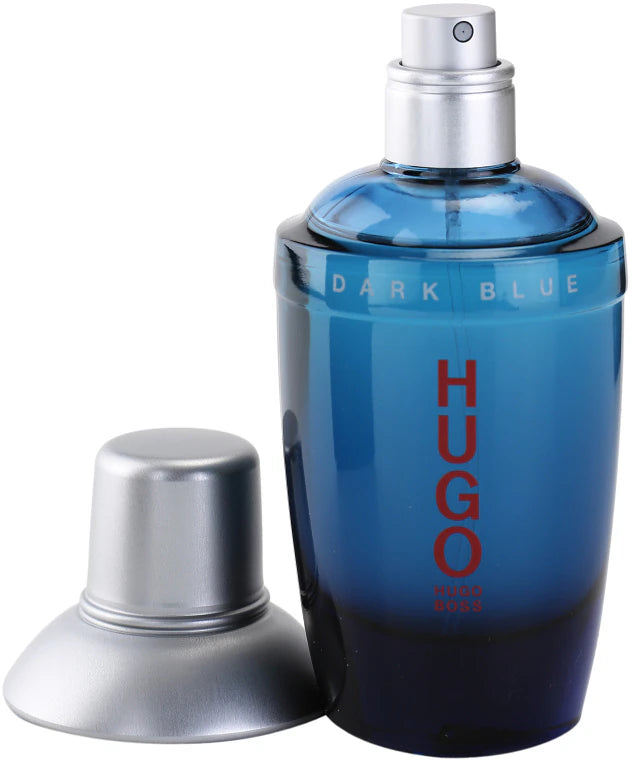 Hugo Boss Dark Blue perfume bottle on a white background