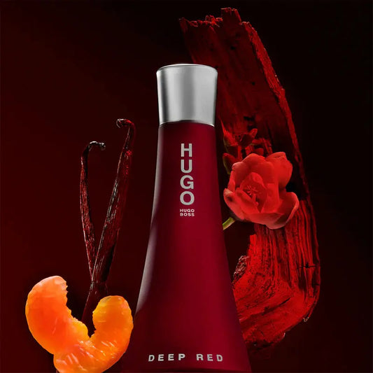 Red bottle labeled 'Hugo' with a dark background featuring a red flower and vanilla bean.