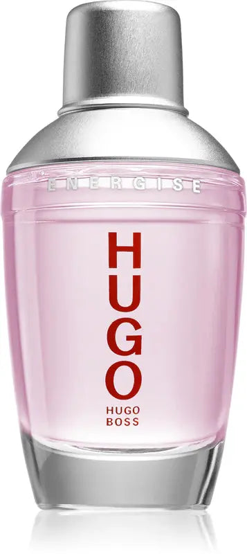 Hugo Boss perfume bottle with pink body and silver cap on a white background