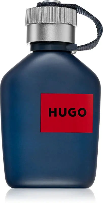 Blue Hugo Boss perfume bottle with red label on a white background