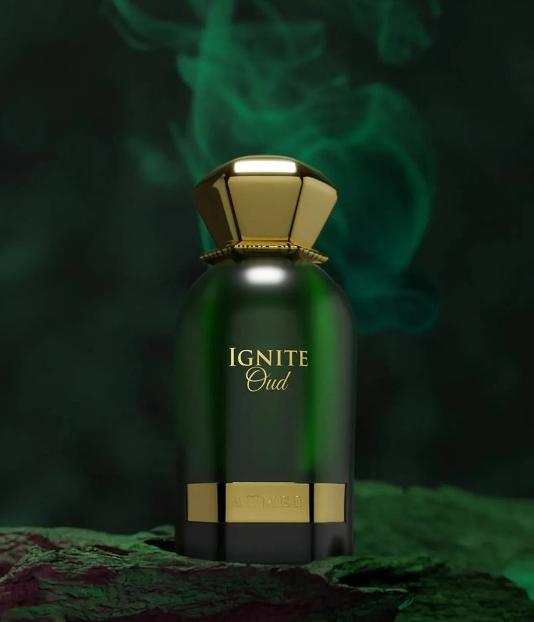 Ahmed Al Maghribi Ignite oud Green perfume bottle labeled 'Ignite Oud' with gold accents on a dark background