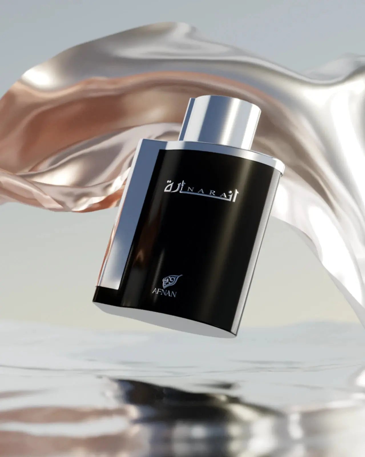 Perfume bottle with Afnan Inara branding on a reflective surface
