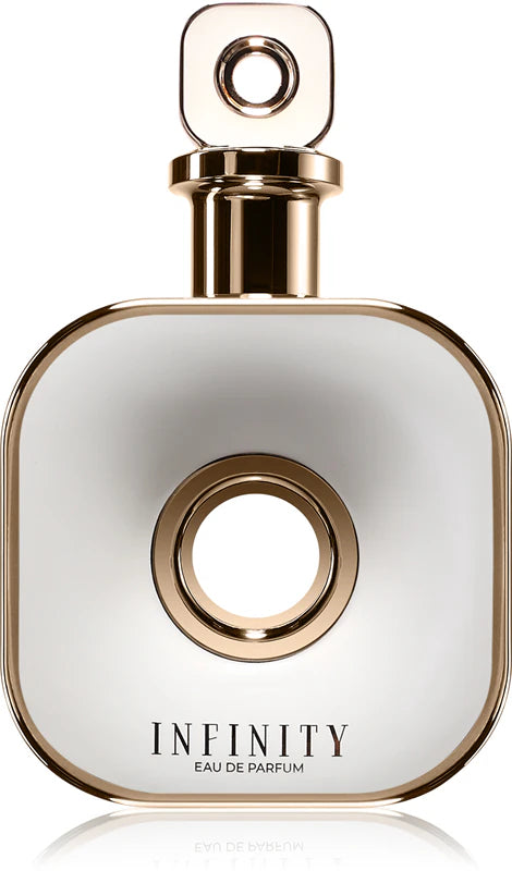 Perfume bottle labeled 'Infinity' with gold accents on a white background