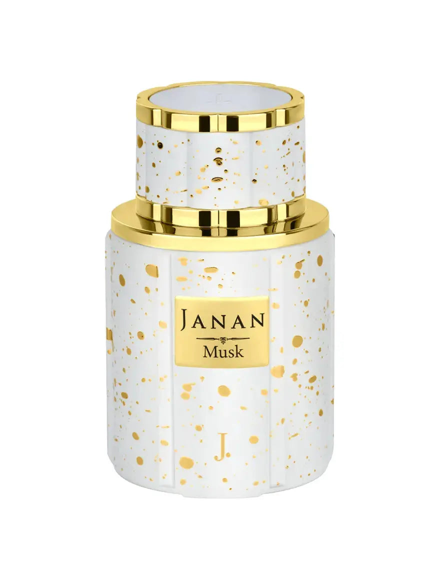 White and gold speckled perfume bottle with 'JANAN Musk' label on a white background