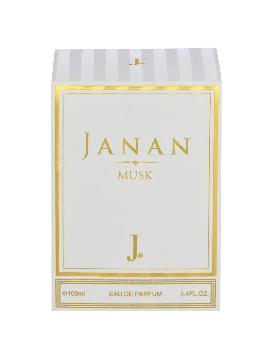 Janan Musk perfume packaging with gold accents on a white background