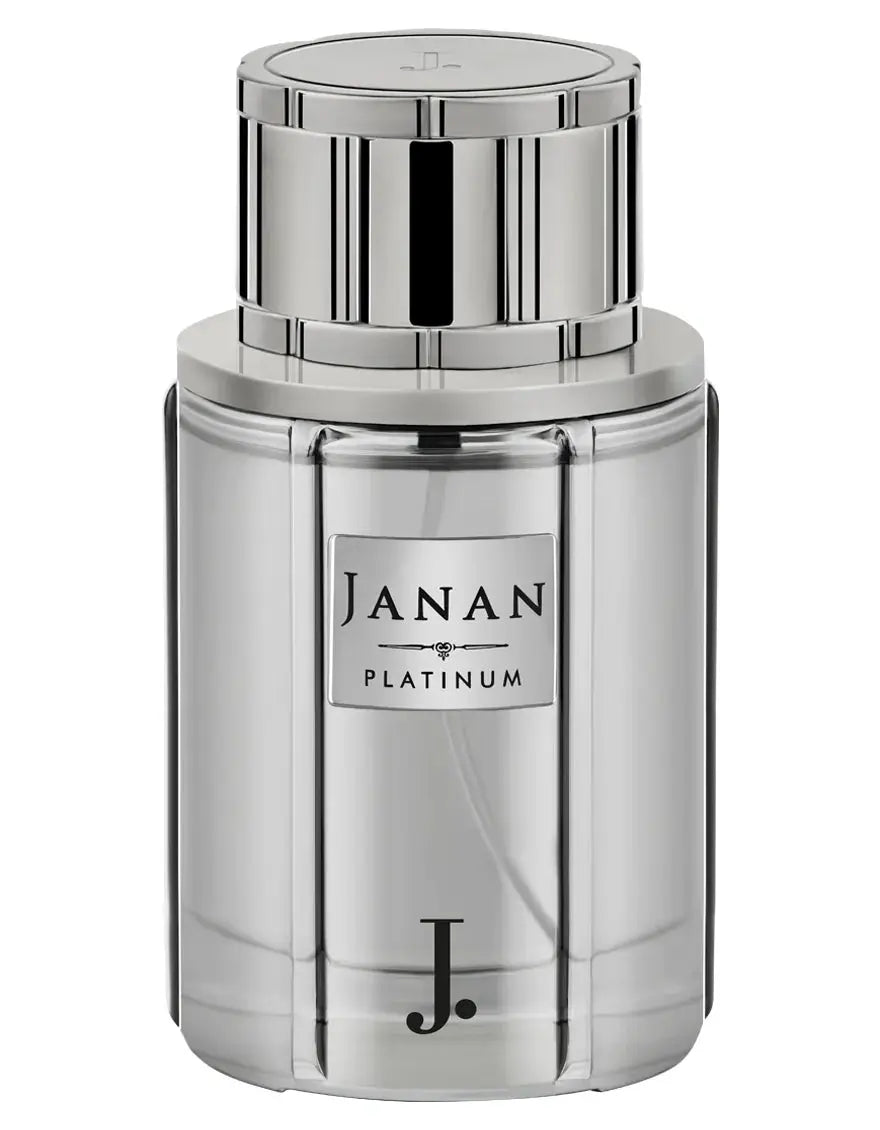 Silver perfume bottle labeled 'Janan Platinum' on a white background