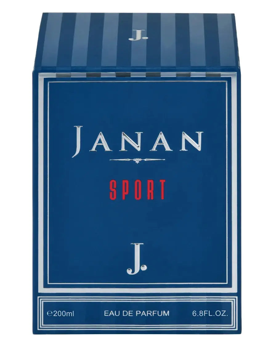 Blue box of Janan Sport Eau de Parfum with branding and product details.