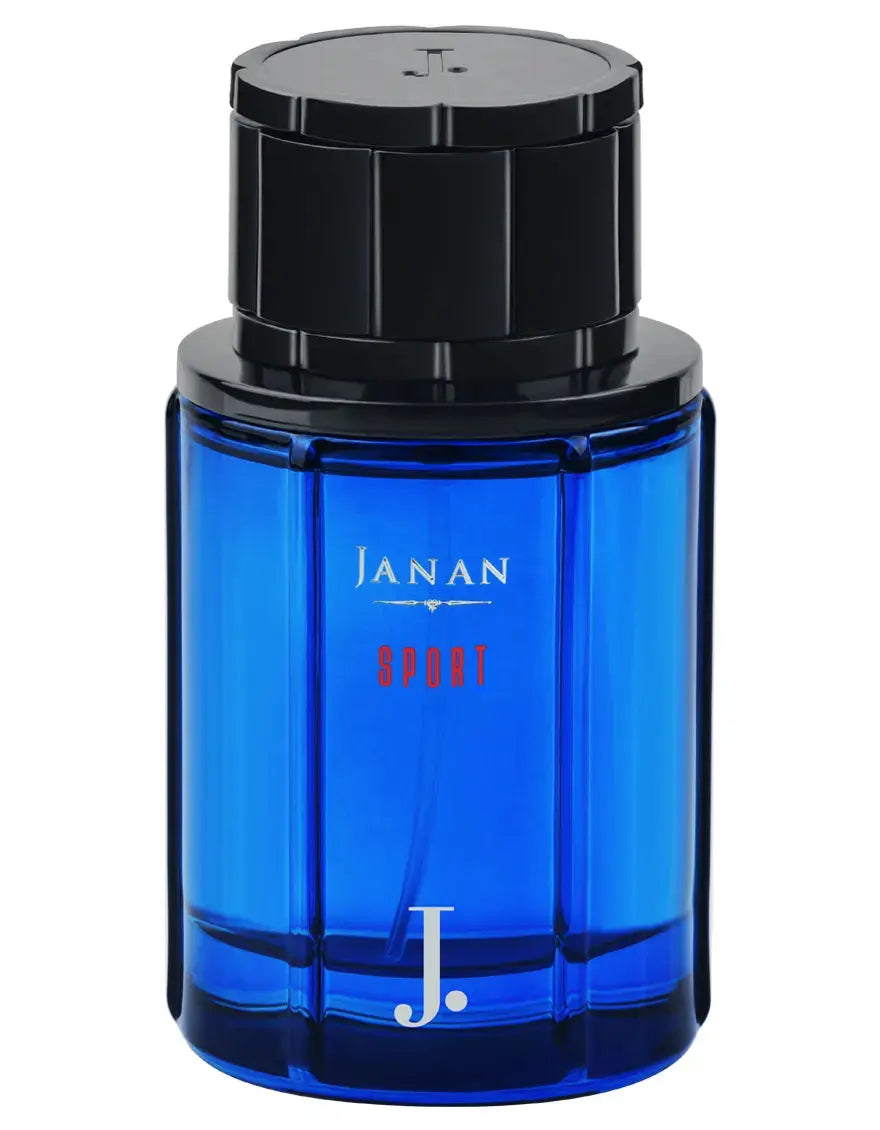 Blue perfume bottle with black cap on a white background