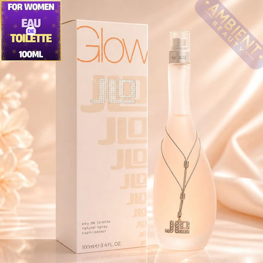 JLO Glow perfume bottle and packaging on a soft, neutral background