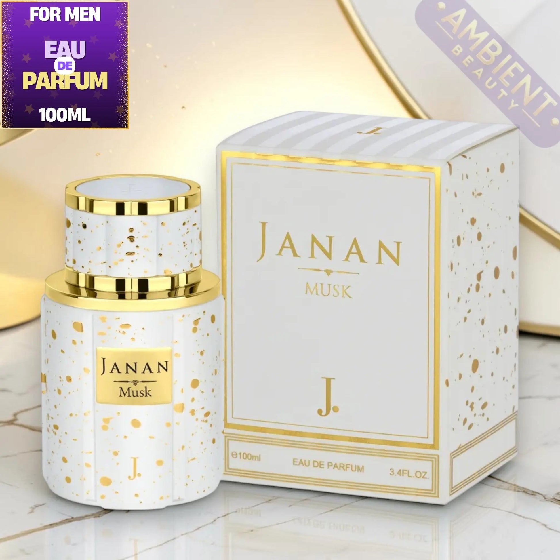 Janan Musk perfume bottle and packaging on a marble surface