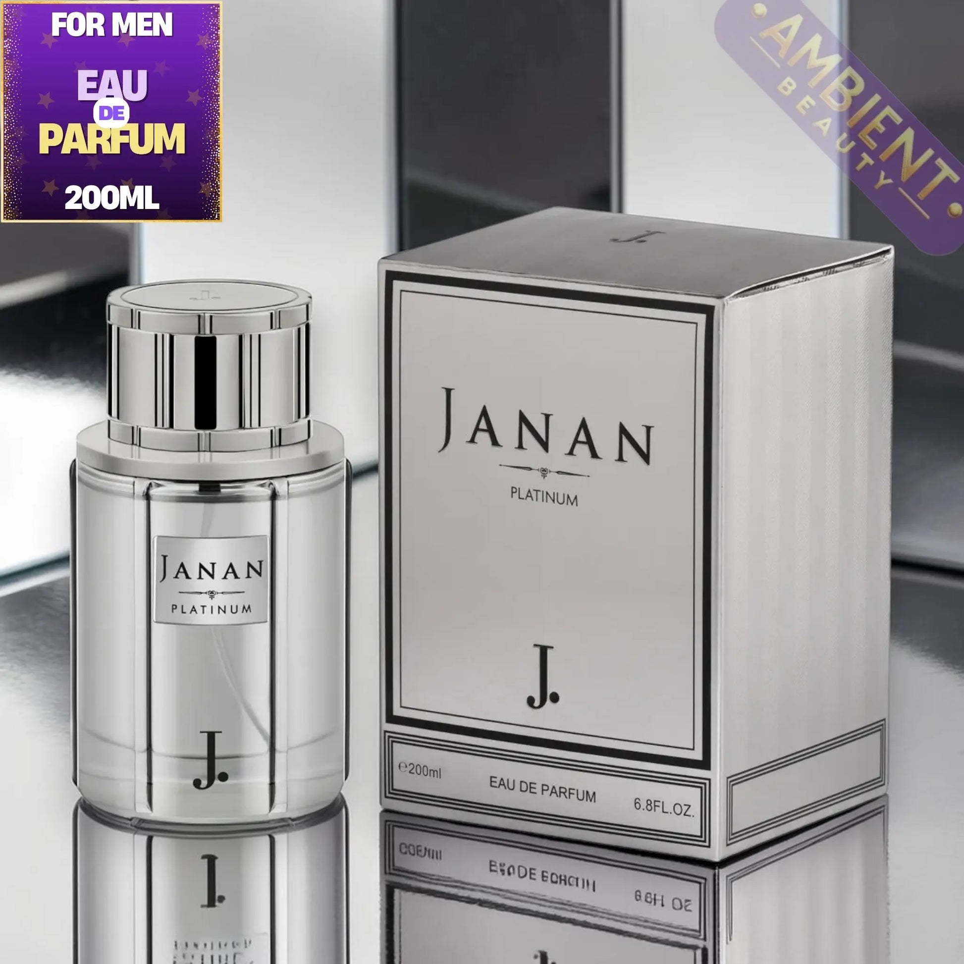 Janan Platinum Eau de Parfum bottle and packaging on a reflective surface with 'Ambient Beauty' branding.