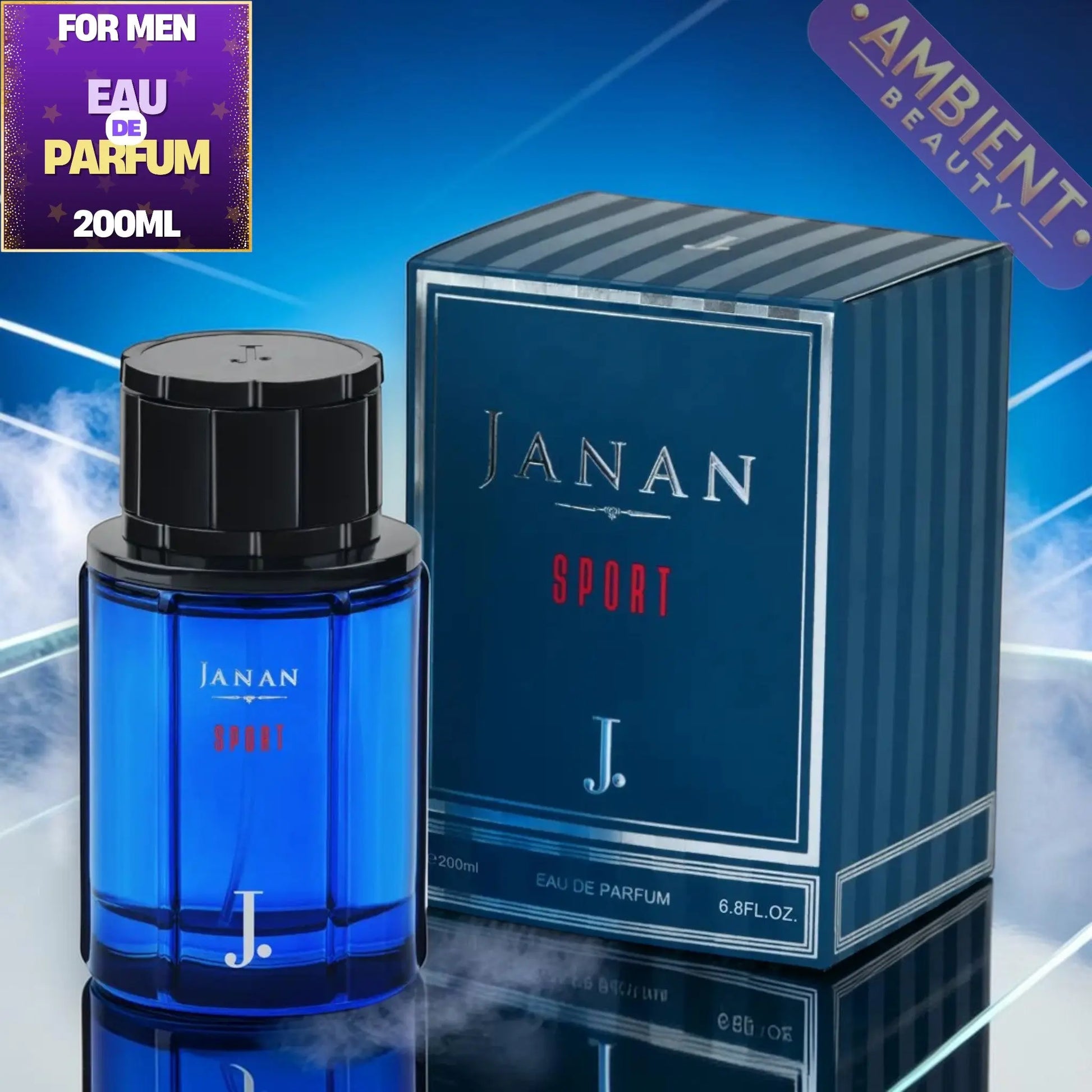 Blue Janan Sport perfume bottle and packaging on a reflective surface with a blue gradient background.