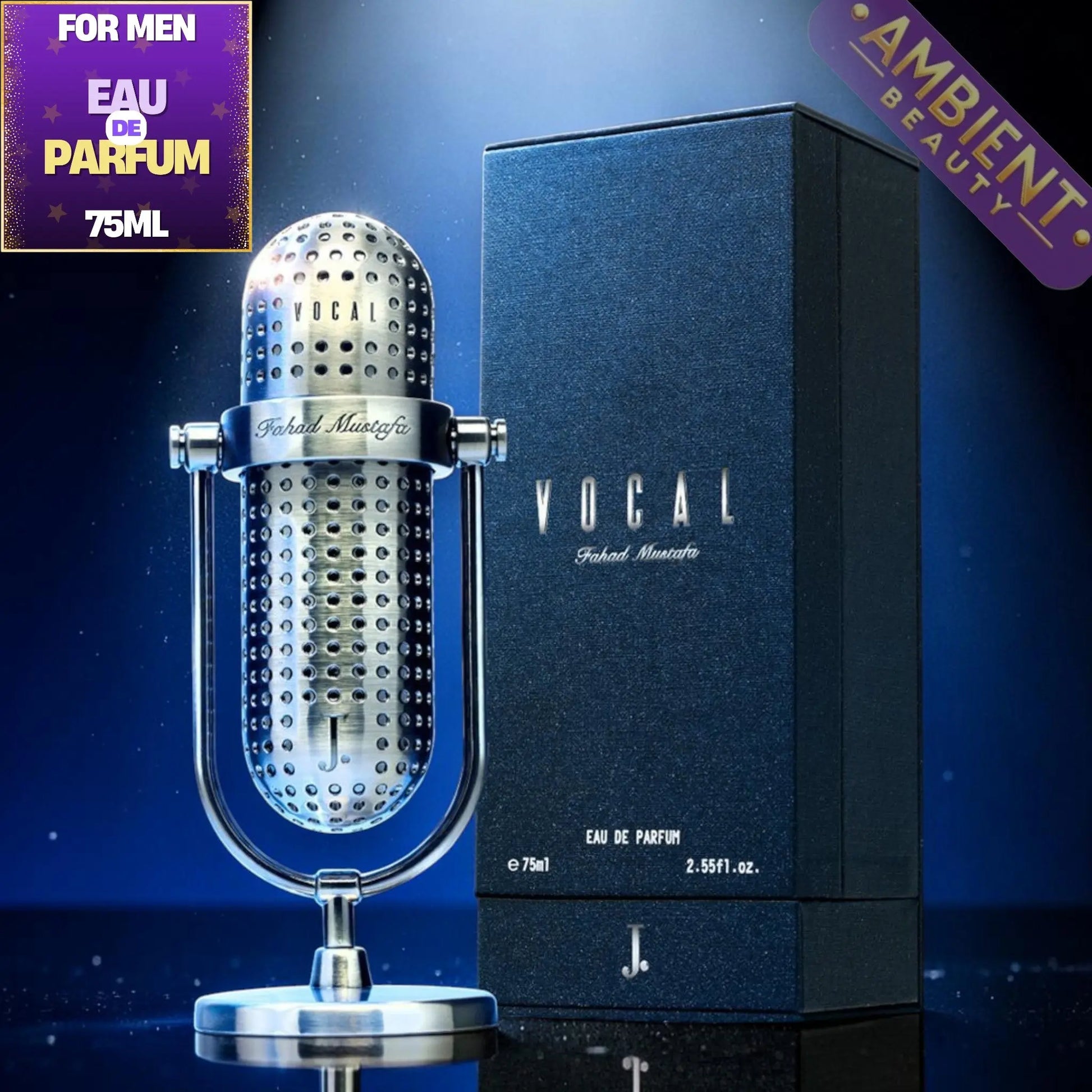 Junaid Jamshed Vocal Perfume bottle shaped like a microphone next to its packaging on a blue background