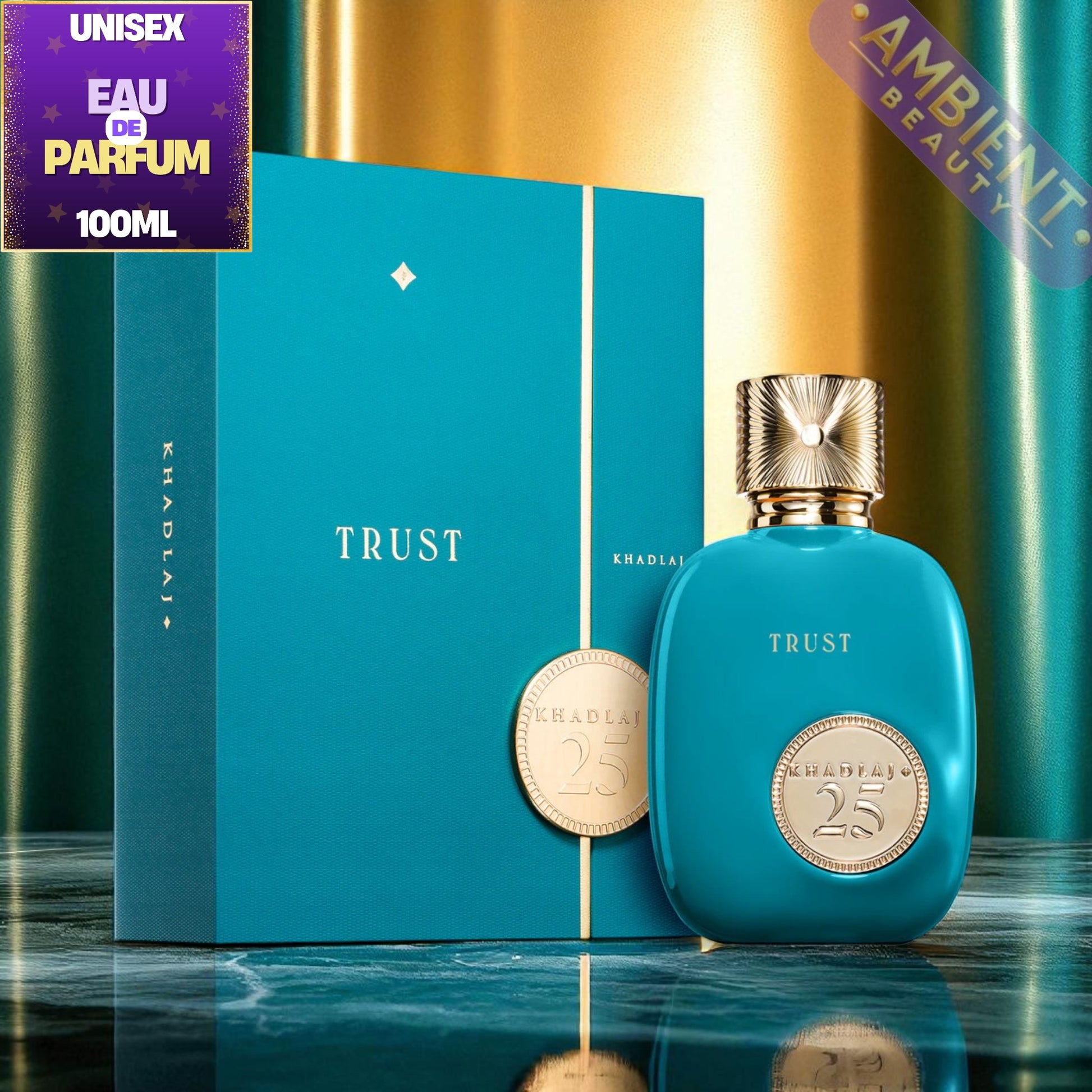Khadlaj Blue perfume bottle with gold cap and 'Trust' packaging on a reflective surface.