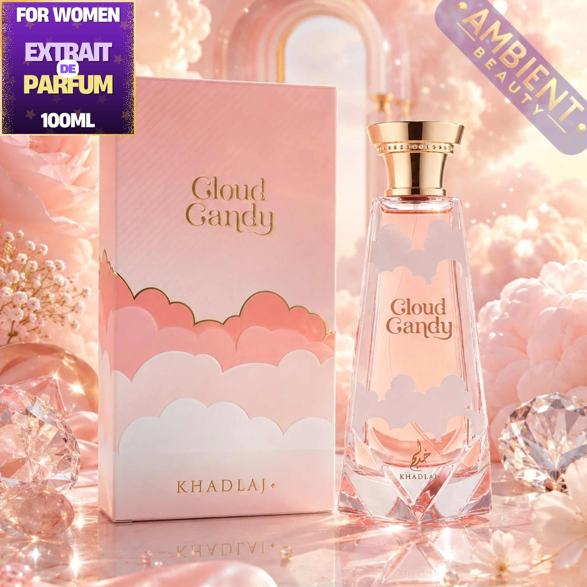 Khadlaj Cloud Candy perfume bottle and its matching pink box, styled with pastel clouds, crystals, and a rainbow background. The bottle has a gold cap and the box features gold cloud outlines and the brand name Khadlaj.