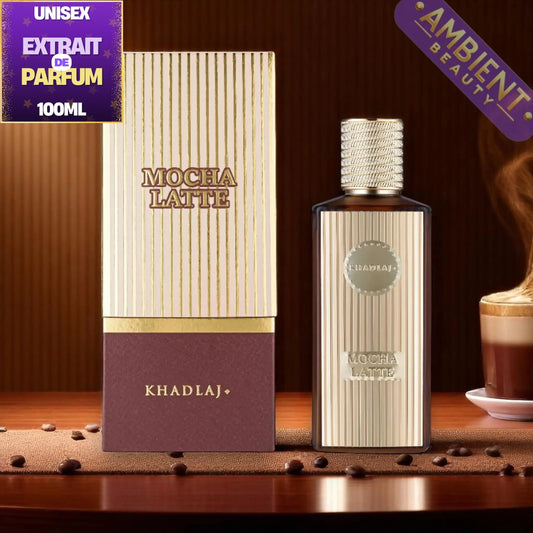 Khadlaj Mocha Latte extrait de parfum 100ml bottle and its box, displayed on a wooden table with coffee beans and a coffee cup in the background.