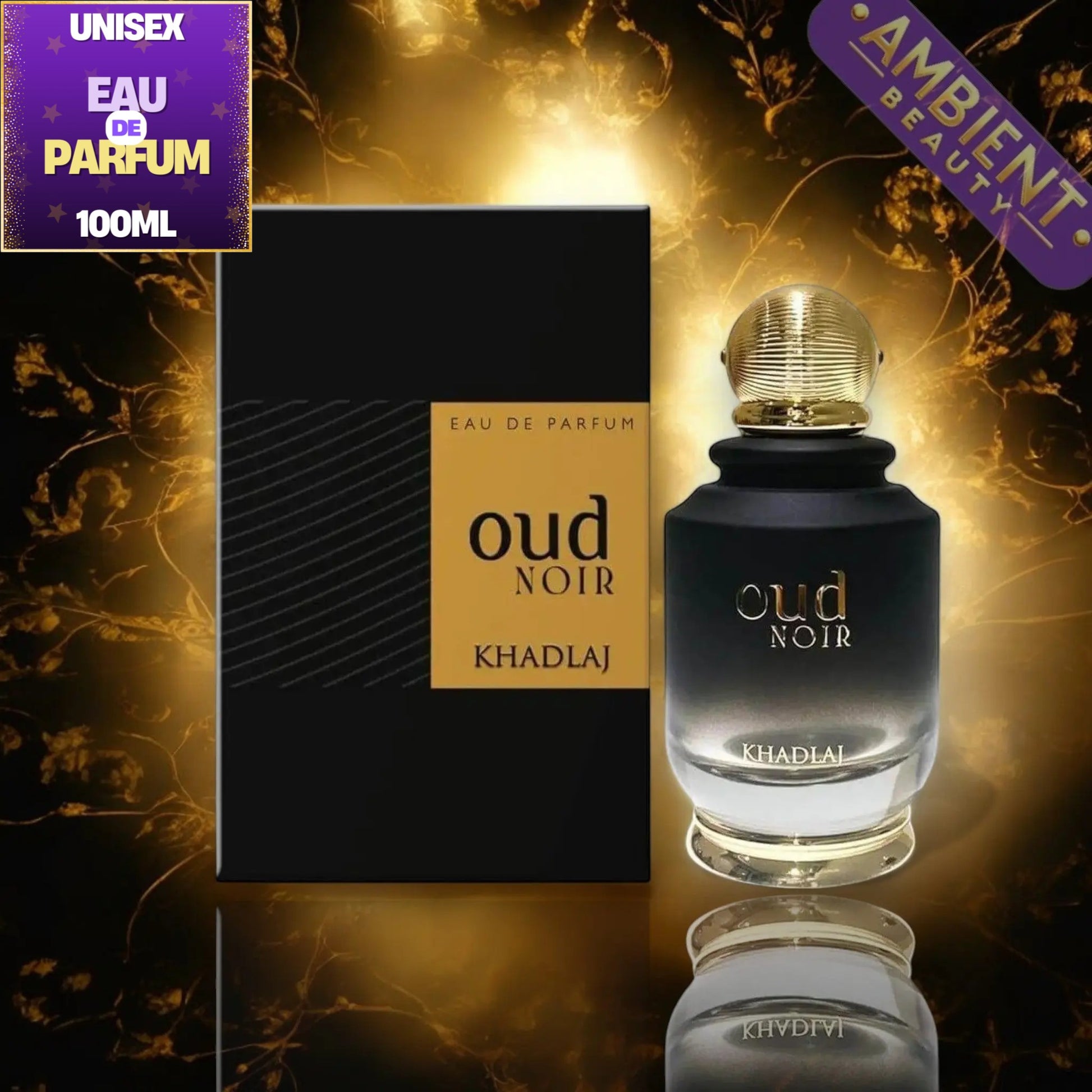 Khadlaj Oud Noir Eau de Parfum 100ml bottle and its black packaging box, displayed against a dark background with golden light effects and decorative purple promotional badges.