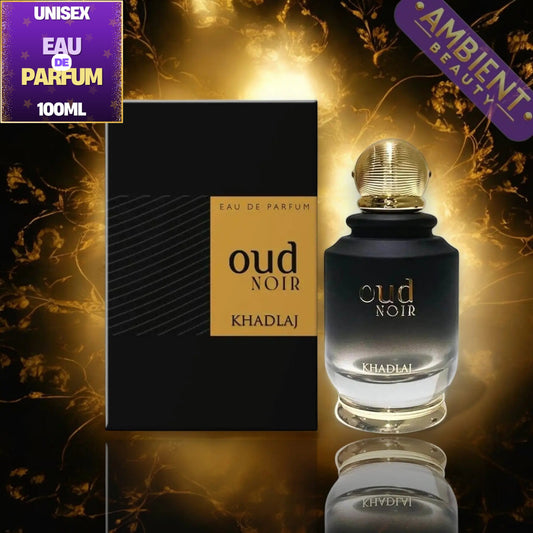 Khadlaj Oud Noir Eau de Parfum 100ml bottle and its black packaging box, displayed against a dark background with golden light effects and decorative purple promotional badges.