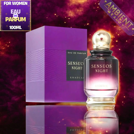 Khadla Sensuos Night Eau de Parfum bottle and its purple box, displayed against a dark purple and red cosmic background with promotional text overlays.