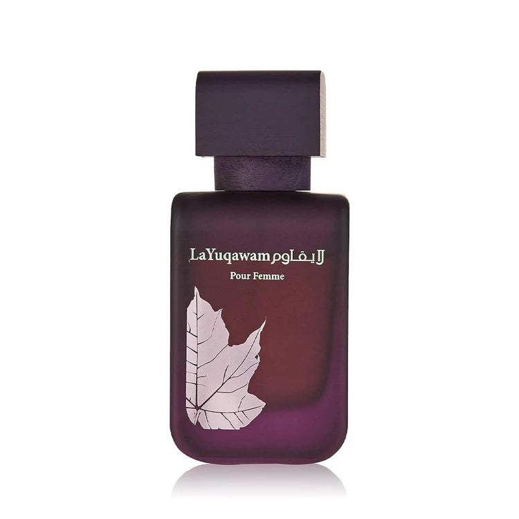 Purple perfume bottle with leaf design and 'LaYuqawam' branding on a white background