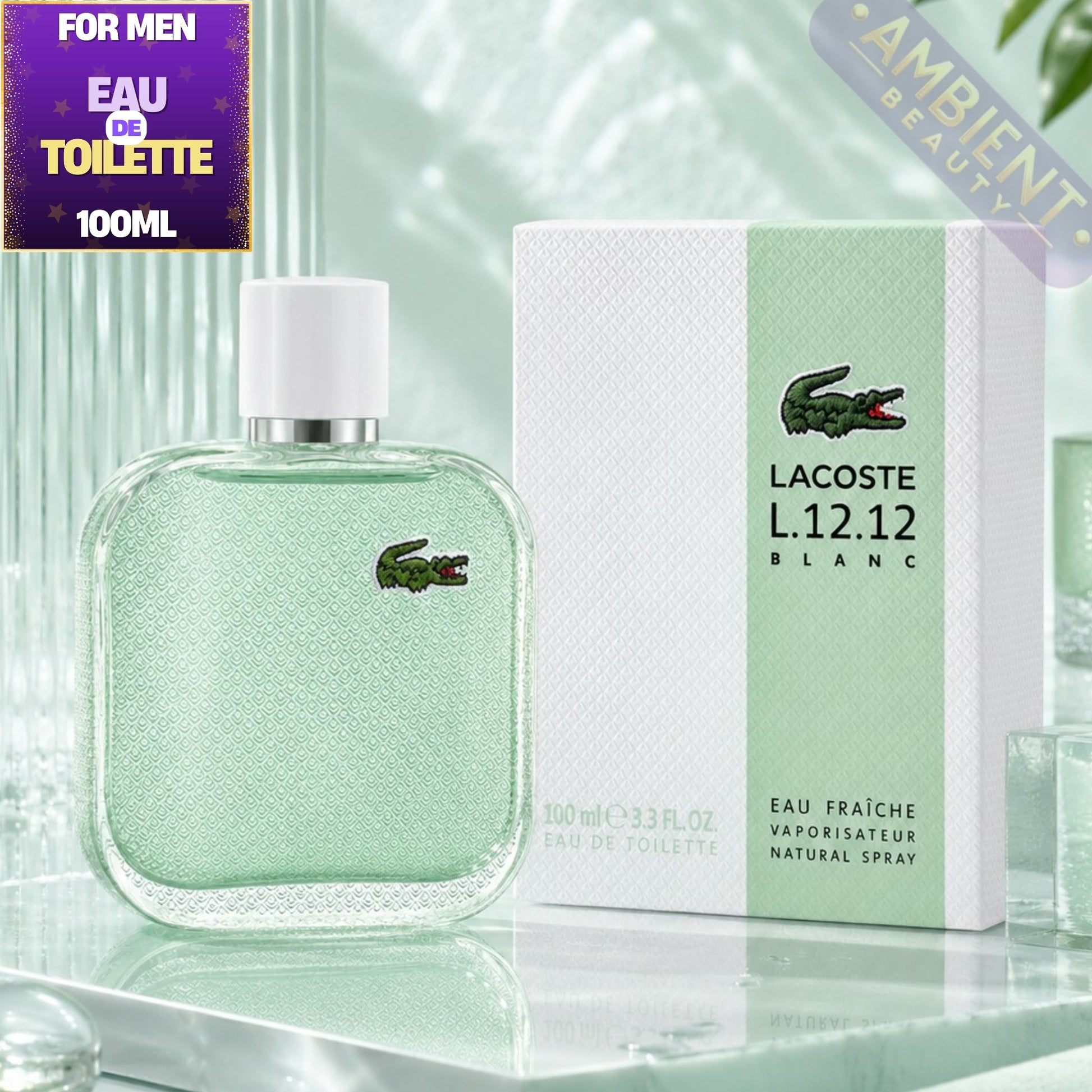 Lacoste L.12.12 Blanc eau de toilette bottle and packaging on a reflective surface.
