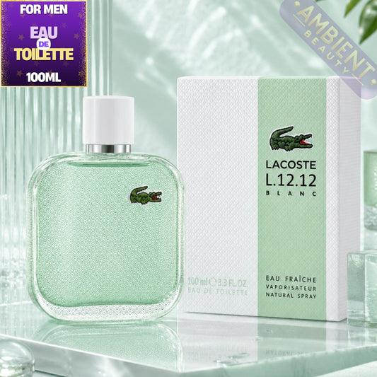 Lacoste L.12.12 Blanc eau de toilette bottle and packaging on a reflective surface.