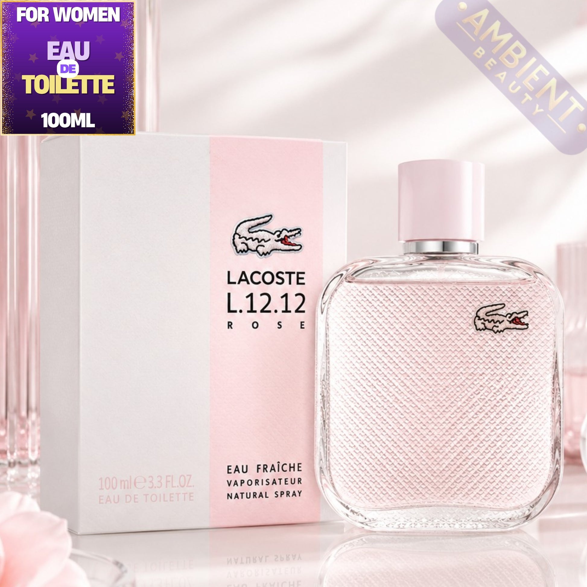 Lacoste L.12.12 Rose perfume bottle and packaging on a light pink background