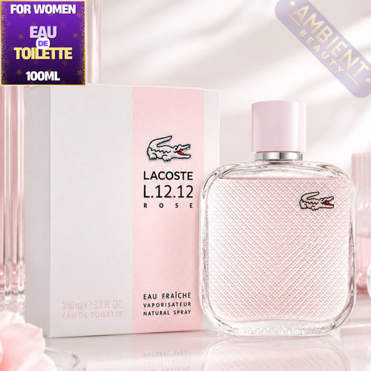 Lacoste L.12.12 Rose perfume bottle and packaging on a light pink background