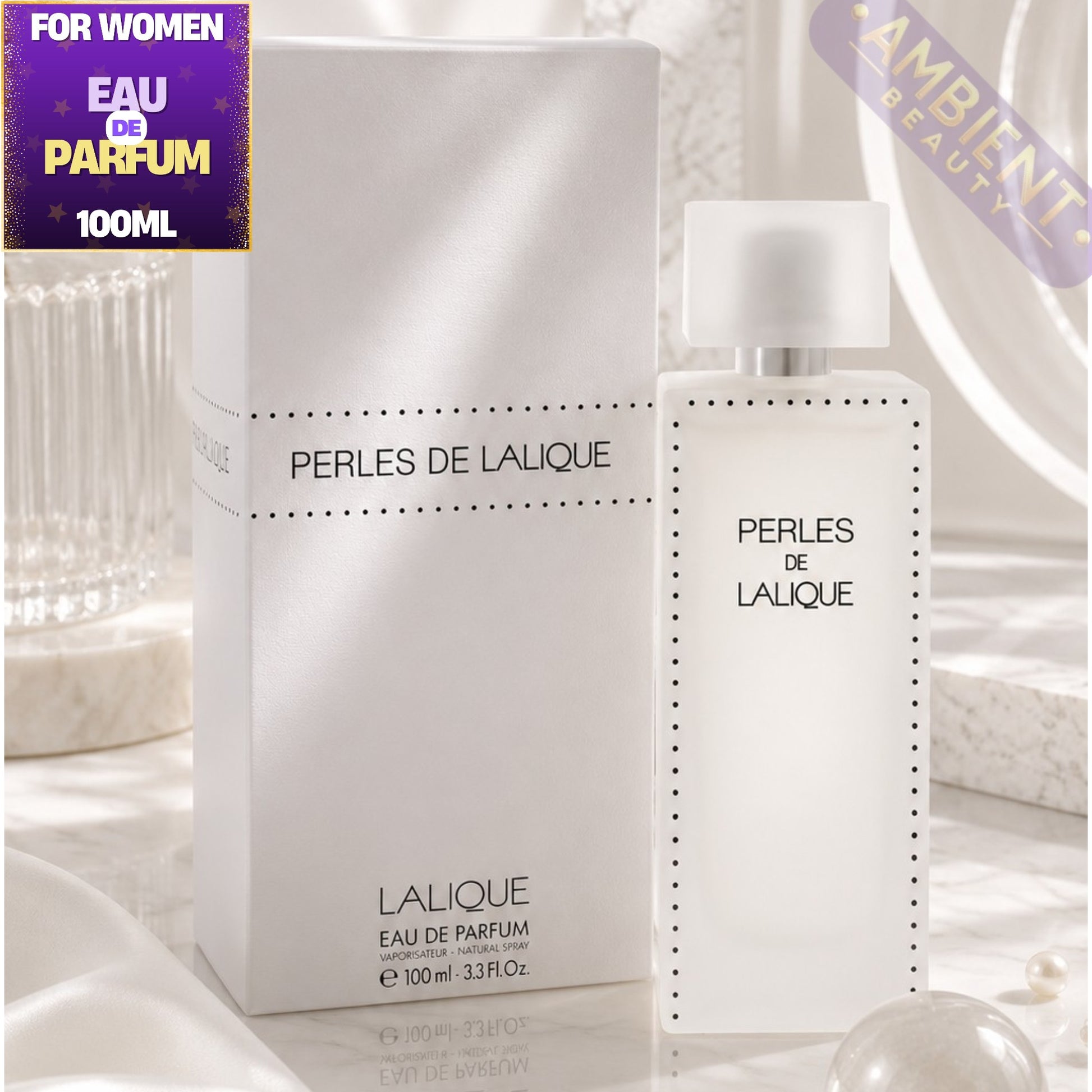 Perles de Lalique perfume bottle and packaging on a white background