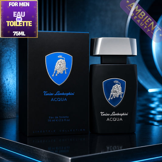 Tonino Lamborghini Acqua perfume bottle and packaging on a dark background