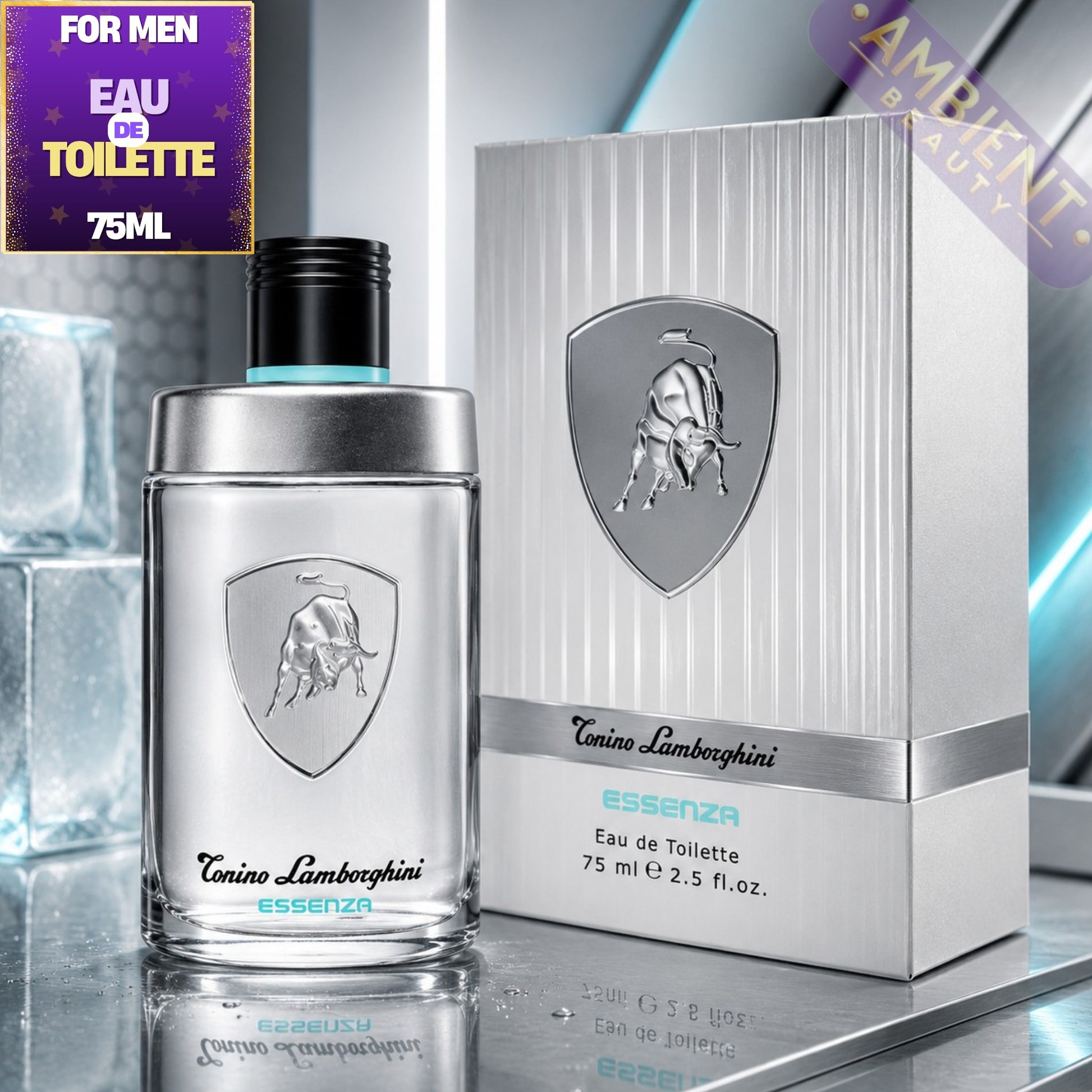 Tonino Lamborghini Essenza men's perfume bottle and packaging on a reflective surface.