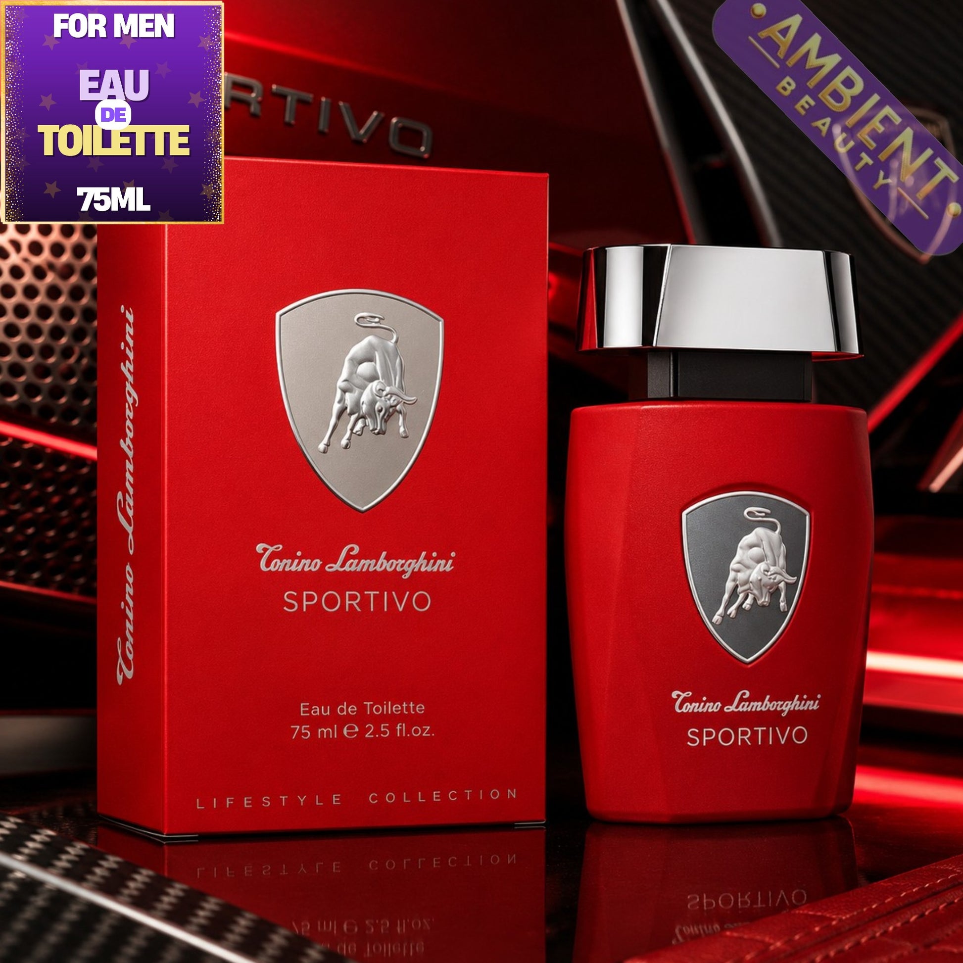 Torino Lamborghini Sportivo perfume bottle and packaging on a red background